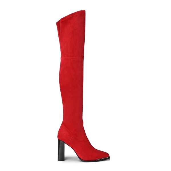 Square Toe High Heel Over The Knee Boots - RED SUEDE - 2
